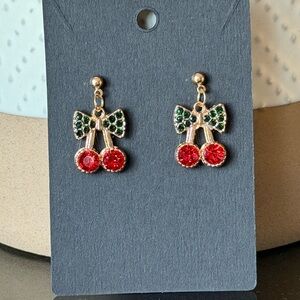 Gold Cherry Drop Earrings with Green Bow